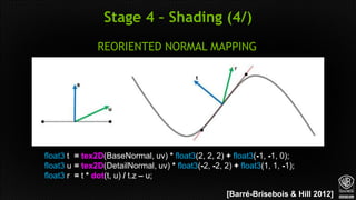 Stage 4 – Shading (4/)
float3 t = tex2D(BaseNormal, uv) * float3(2, 2, 2) + float3(-1, -1, 0);
float3 u = tex2D(DetailNorm...