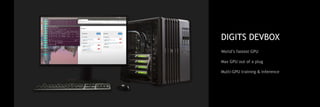 DIGITS DEVBOX
World’s fastest GPU
Max GPU out of a plug
Multi-GPU training & inference
 