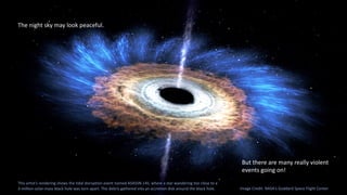 Image Credit: NASA's Goddard Space Flight Center
The night sky may look peaceful.
But there are many really violent
events going on!
This artist's rendering shows the tidal disruption event named ASASSN-14li, where a star wandering too close to a
3-million-solar-mass black hole was torn apart. The debris gathered into an accretion disk around the black hole.
 