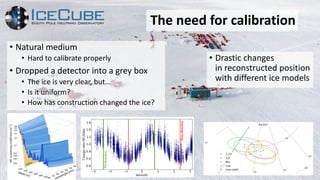 Optical Properties
• Combining all the possible information
• These features are included in simulation
• We’re always be developing them
Nature never tell us a perfect answer but obtained a
satisfactory agreement with data!
The need for calibration
• Natural medium
• Hard to calibrate properly
• Dropped a detector into a grey box
• The ice is very clear, but…
• Is it uniform?
• How has construction changed the ice?
• Drastic changes
in reconstructed position
with different ice models
 