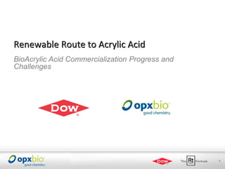 Renewable Route to Acrylic Acid
BioAcrylic Acid Commercialization Progress and
Challenges




                                                 1
 