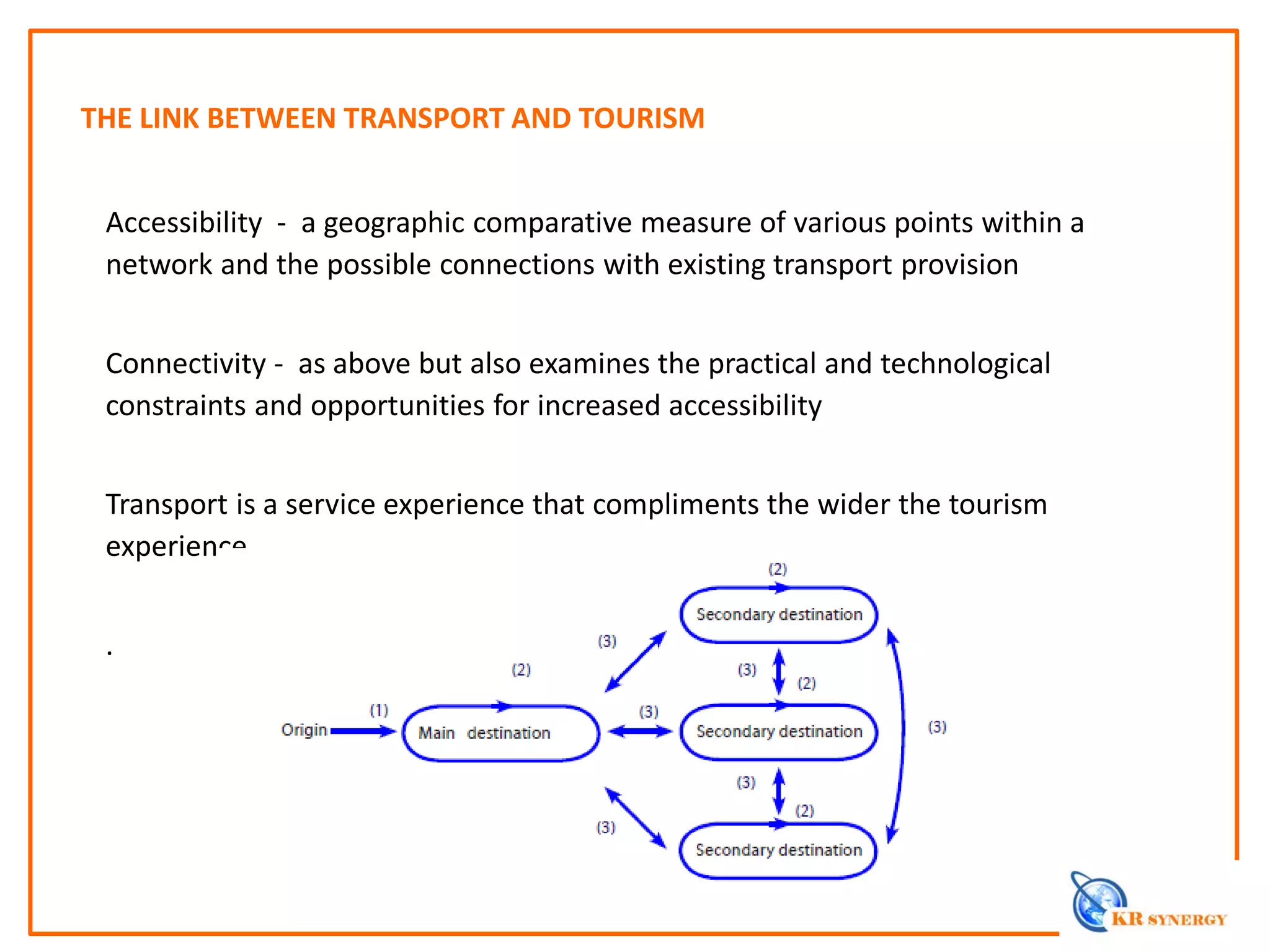 THE LINK BETWEEN TRANSPORT AND TOURISM
Accessibility - a geographic comparative measure of various points within a
network and the possible connections with existing transport provision
Connectivity - as above but also examines the practical and technological
constraints and opportunities for increased accessibility
Transport is a service experience that compliments the wider the tourism
experience
.
 