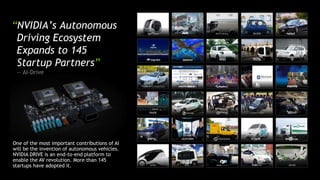 One of the most important contributions of AI
will be the invention of autonomous vehicles.
NVIDIA DRIVE is an end-to-end platform to
enable the AV revolution. More than 145
startups have adopted it.
“NVIDIA’s Autonomous
Driving Ecosystem
Expands to 145
Startup Partners”
— AI-Drive
 