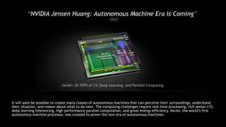 It will soon be possible to create many classes of autonomous machines that can perceive their surroundings, understand
their situation, and reason about what to do next. The computing challenges require real-time processing, rich sensor I/O,
deep learning inferencing, high performance parallel computation, and great energy efficiency. Xavier, the world’s first
autonomous machine processor, was created to power the new era of autonomous machines.
Xavier: 30 TOPS of CV, Deep Learning, and Parallel Computing
“NVIDIA Jensen Huang: Autonomous Machine Era Is Coming”
—DOIT
 