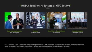 GTC China 2017 was a three-day event hosting more than 4,000 attendees, 100 press and analysts, and 70 professional
talks. Developers and leaders from China’s largest and most innovative companies were on hand.
“NVIDIA Builds on AI Success at GTC Beijing”
—Forbes
Deep Learning Institute
575 developers
Keynote
375K live views
Show Floor + Special Events
40 exhibitors
Inception Awards
5 leading AI startups
 