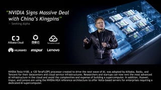 “NVIDIA Signs Massive Deal
with China’s Kingpins”
— Seeking Alpha
NVIDIA Tesla V100, a 120 TeraFLOPS processor created to drive the next wave of AI, was adopted by Alibaba, Baidu, and
Tencent for their datacenters and cloud service infrastructures. Researchers and startups can now rent the most advanced
AI infrastructure in the cloud and avoid the complexities and expense of building a supercomputer. In addition, Huawei,
Inspur, and Lenovo are using the NVIDIA HGX reference architecture to offer Volta-based servers for enterprises requiring a
dedicated AI supercomputer.
 