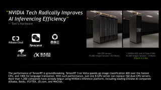 “NVIDIA Tech Radically Improves
AI Inferencing Efficiency”
— Tom’s Hardware
The performance of TensorRT is groundbreaking. TensorRT 3 on Volta speeds up image classification 40X over the fastest
CPU, and 140X for language translation. With such performance, just one 8-GPU server can replace 160 dual-CPU servers.
More than 1,200 companies have already begun using NVIDIA's inference platform, including leading Chinese AI companies
Alibaba, Baidu, iFLYTEK, JD.com, and WeChat.
160 CPU servers
45,000 images/second | 65 KWatts
1 NVIDIA HGX with 8 Tesla V100s
45,000 images/second | 3 KWatts
4 Racks in a Box
 