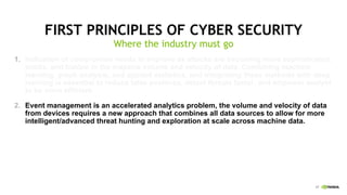 17
FIRST PRINCIPLES OF CYBER SECURITY
Where the industry must go
1. Indication of compromise needs to improve as attacks are becoming more sophisticated,
subtle, and hidden in the massive volume and velocity of data. Combining machine
learning, graph analysis, and applied statistics, and integrating these methods with deep
learning is essential to reduce false positives, detect threats faster, and empower analyst
to be more efficient.
2. Event management is an accelerated analytics problem, the volume and velocity of data
from devices requires a new approach that combines all data sources to allow for more
intelligent/advanced threat hunting and exploration at scale across machine data.
 