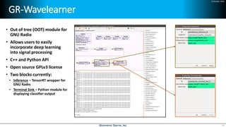 24 October 2018
GR-Wavelearner
• Out of tree (OOT) module for
GNU Radio
• Allows users to easily
incorporate deep learning
into signal processing
• C++ and Python API
• Open source GPLv3 license
• Two blocks currently:
• Inference – TensorRT wrapper for
GNU Radio
• Terminal Sink – Python module for
displaying classifier output
14
 