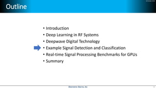 24 October 2018
Outline
• Introduction
• Deep Learning in RF Systems
• Deepwave Digital Technology
• Example Signal Detection and Classification
• Real-time Signal Processing Benchmarks for GPUs
• Summary
19
 