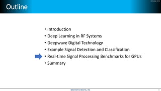 24 October 2018
Outline
• Introduction
• Deep Learning in RF Systems
• Deepwave Digital Technology
• Example Signal Detection and Classification
• Real-time Signal Processing Benchmarks for GPUs
• Summary
36
 