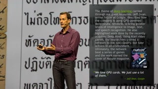13
“We love GPU cards. We just use a lot
of them.”
— Jeff Dean, Google
The theme of deep learning carried
through our gues...