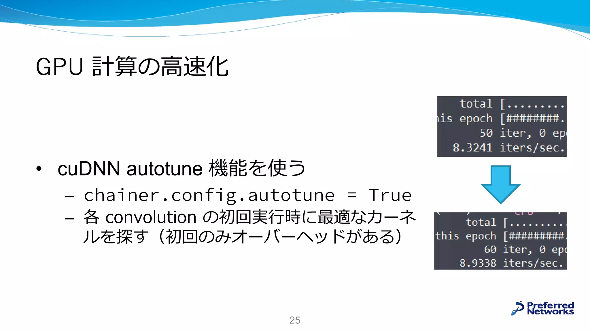 GPU 計算の高速化
• cuDNN autotune 機能を使う
–
– 各 convolution の初回実行時に最適なカーネ
ルを探す（初回のみオーバーヘッドがある）
25
 