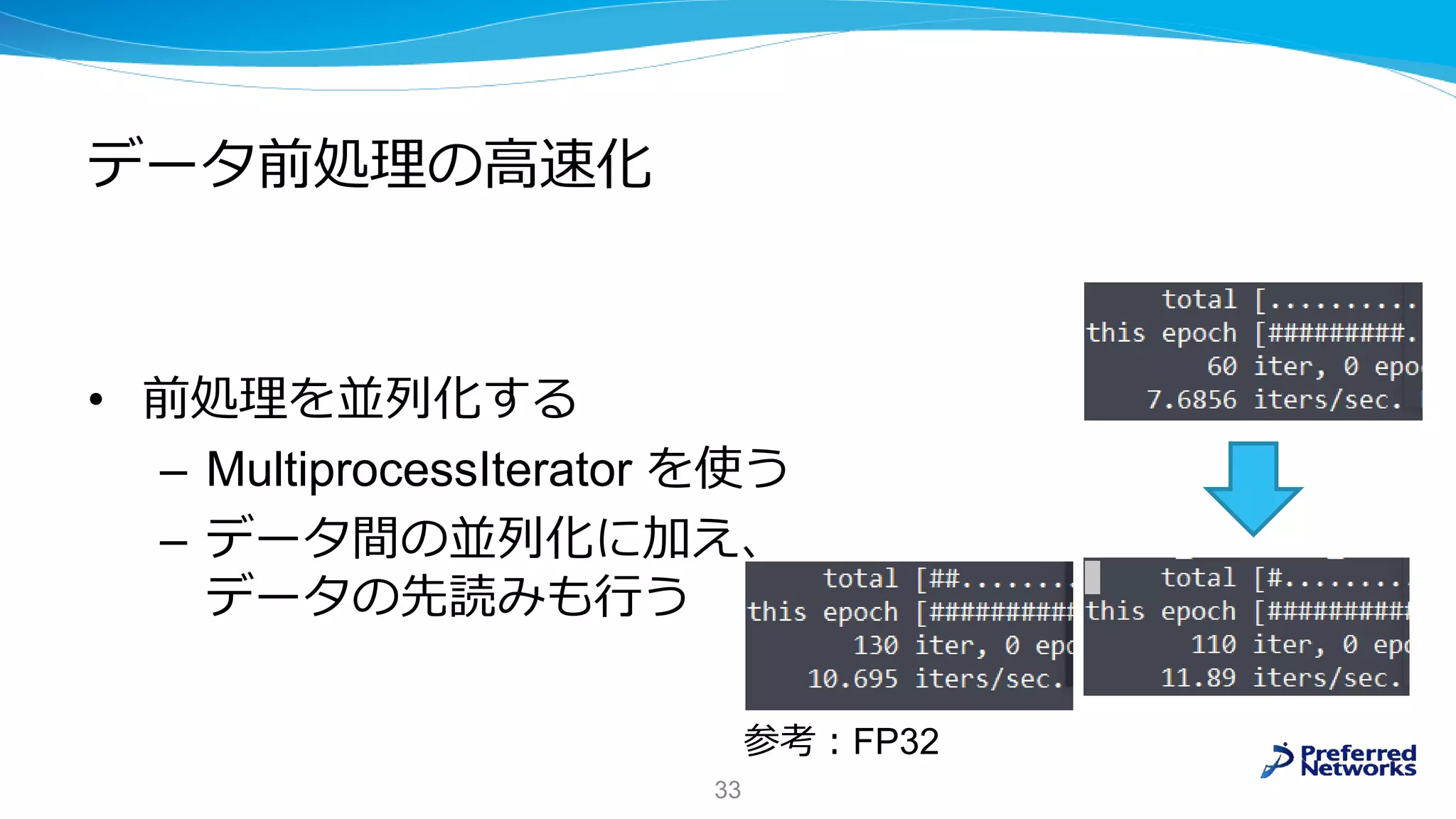データ前処理の高速化
• 前処理を並列化する
– MultiprocessIterator を使う
– データ間の並列化に加え、
データの先読みも行う
33
参考：FP32
 