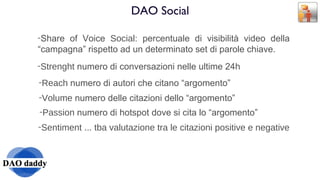 DAO Social Share of Voice  Social : percentuale di visibilità video della “campagna” rispetto ad un determinato set di parole chiave. Strenght  numero di conversazioni nelle ultime 24h Reach  numero di autori che citano “argomento” Volume  numero delle citazioni dello “argomento” Passion  numero di hotspot dove si cita lo “argomento” Sentiment ... tba valutazione tra le citazioni positive e negative 