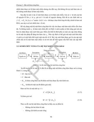 Chương 3 - Mật mã khoá công khai
96
nhiều hàm được coi là hàm một chiều nhưng cho đến nay vẫn không tồn tại một hàm nào có
thể chứng minh được là hàm một chiều.
Sau đây là một ví dụ về một hàm được coi là hàm một chiều. Giả sử n là tích của hai
số nguyên tố lớn p và q , giả sử b là một số nguyên dương. Khi đó ta xác định ánh xạ
: n nf Z Z là ( ) modb
f x x n (với b và n đã được chọn thích hợp thì đây chính là hàm mã
RSA, sau này ta sẽ nói nhiều hơn về nó).
Để xây dựng một hệ mật khoá công khai thì việc tìm được một hàm một chiều vẫn chưa
đủ. Ta không muốn ke là hàm một chiều đối với Bob vì anh ta phải có khả năng giải mã các
bản tin nhận được một cách hiệu quả. Điều cần thiết là Bob phải có một cửa sập chứa thông
tin bí mật cho phép dễ dàng tìm hàm của ke . Như vậy Bob có thể giải mã một cách hữu hiệu
vì anh ta có một hiểu biết tuyệt mật nào đó về K. Bởi vậy một hàm được gọi là cửa sập một
chiều nếu nó là một hàm một chiều và nó trở nên dễ tính ngược nếu biết một cửa sập nhất
định.
3.3. SƠ ĐỒ CHỨC NĂNG CỦA HỆ MẬT KHÓA CÔNG KHAI
Hình 3.1. Sơ đồ chức năng hệ mật khóa công khai
Sơ đồ truyền tin bí mật từ A đến B sử dụng mật mã khóa công khai được mô ta trong
Hình 3.1, trong đó:
+ M : bản tin rõ
+ C : Bản mã
+ BCK là khóa công khai của B (khóa mã hóa) được lấy trên kênh mở.
+ BRK là khóa bí mật của B (Khóa giải mã).
Hàm mã hóa là một ánh xạ 1:1:
 , BCC E M K (3.17)
Và hàm giải mã:
 1
, BRM E C K
 (3.18)
Theo sơ đồ của hệ mật khóa công khai ta thấy các ưu điểm là:
- Không cần hai khóa bí mật.
- Không cần kênh an toàn riêng
Nguồn tin Mã hóa Kênh mở Giải mã Nhận tin
Thám mã (Oscar)
A (Alice)
M C C M
BCK
Encryption Decryption
BRK
B (Bob)
PTIT
 