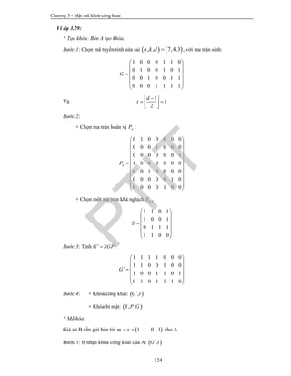 Chương 3 - Mật mã khoá công khai
124
Ví dụ 3.29:
* Tạo khóa: Bên A tạo khóa.
Bước 1: Chọn mã tuyến tính sửa sai    , , 7,4,3n k d  , với ma trận sinh:
1 0 0 0 1 1 0
0 1 0 0 1 0 1
0 0 1 0 0 1 1
0 0 0 1 1 1 1
G
 
 
 
 
 
 
Và
1
1
2
d
t
 
   
Bước 2:
+ Chọn ma trận hoán vị nP :
0 1 0 0 0 0 0
0 0 0 1 0 0 0
0 0 0 0 0 0 1
1 0 0 0 0 0 0
0 0 1 0 0 0 0
0 0 0 0 0 1 0
0 0 0 0 1 0 0
nP
 
 
 
 
 
  
 
 
 
 
 
+ Chọn một ma trận khả nghịch k kS  :
1 1 0 1
1 0 0 1
0 1 1 1
1 1 0 0
S
 
 
 
 
 
 
Bước 3: Tính G SGP 
1 1 1 1 0 0 0
1 1 0 0 1 0 0
1 0 0 1 1 0 1
0 1 0 1 1 1 0
G
 
 
  
 
 
 
Bước 4: + Khóa công khai:  ,G t .
+ Khóa bí mật:  , ,S P G
* Mã hóa:
Giả sử B cần gửi bản tin  1 1 0 1m x  cho A.
Bước 1: B nhận khóa công khai của A:  ,G t
PTIT
 