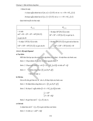 Chương 3 - Mật mã khoá công khai
132
+ Khóa bí mật:
- A chọn ngẫu nhiên hai số    , 3,15m n  với  1718 # 1,1m n E  
- B chọn ngẫu nhiên hai số    , 5,13u v  với  1718 # 1,1u v E  
Quá trình truyền tin bảo mật:
 3,15
A  5,13
B
+ A tính
 3 3 6 10,12mP M P P P   
và gửi cho B
+ B nhận  6 10,12P và tính
 6 5 11 6,11P P P  và gửi lại A.
+ A nhận  11 6,11P và tính:
 11 15 8 15,12P P P  và gửi cho B.
+ B nhận  8 15,12P và giải mã ra bản tin:
 8 13 3 4,16P P P M  
3.8.4.3. Hệ mật Elgamal
a) Tạo khóa
Mỗi bên liên lạc tạo cho mình một cặp khóa công khai – bí mật theo các bước sau:
Bước 1: Chọn nhóm  ,pE a b và điểm nguyên thủy P
Bước 2: Chọn ngẫu nhiên a với   1 # ,pa E a b  và tính aP Q
Bước 3: + Khóa công khai:  ( , ), ,pE a b P Q
+ Khóa bí mật: a
b) Mã hóa
Giả sử B cần gửi bản tin M cho A, B thực hiện các bước sau:
Bước 1: B nhận khóa công khai cả A :  ( , ), ,pE a b P Q
Bước 2: B chọn k ngẫu nhiên   1 # ,pk E a b  và tính:
kP
M kQ




 
Bước 3: B gửi bản mã  ,C   cho A.
c) Giải mã
A nhận bản mã  ,C   và giải mã theo các bước:
Bước 1: A tính a akP kQ  
PTIT
 