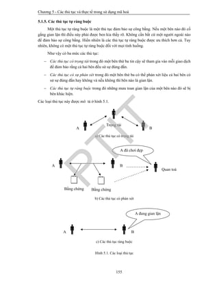 Chương 5 - Các thủ tục và thực tế trong sử dụng mã hoá
155
5.1.5. Các thủ tục tự ràng buộc
Một thủ tục tự ràng buộc là một thủ tục đảm bảo sự công bằng. Nếu một bên nào đó cố
gắng gian lận thì điều này phải được ben kia thấy rõ. Không cần bất cứ một người ngoài nào
để đảm bảo sự công bằng. Hiển nhiên là các thủ tục tự ràng buộc được ưu thích hơn cả. Tuy
nhiên, không có một thủ tục tự ràng buộc đối với mọi tình huống.
Như vậy có ba mức các thủ tục:
 Các thủ tục có trọng tài trong đó một bên thứ ba tin cậy sẽ tham gia vào mỗi giao dịch
để đảm bảo rằng cả hai bên đều sử sự đúng đắn.
 Các thủ tục có sự phán xét trong đó một bên thứ ba có thể phán xét liệu cả hai bên có
sử sự đúng đắn hay không và nếu không thì bên nào là gian lận.
 Các thủ tục tự ràng buộc trong đó những mưu toan gian lận của một bên nào đó sẽ bị
bên khác hiện.
Các loại thủ tục này được mô tả ở hình 5.1.
Hình 5.1. Các loại thủ tục
a) Các thủ tục có trọng tài

Trọng tài
BA
A B

Bằng chứng

Bằng chứng
Quan toà
A đã chơi đẹp
b) Các thủ tục có phán xét
c) Các thủ tục ràng buộc
A B
A đang gian lận
PTIT
 