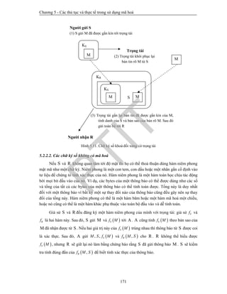 Chương 5 - Các thủ tục và thực tế trong sử dụng mã hoá
171
Hình 5.11. Chữ ký số khoá đối xứng có trọng tài
5.2.2.2. Các chữ ký số không có mã hoá
Nếu S và R không quan tâm tới độ mật thì họ có thể thoả thuận dùng hàm niêm phong
mật mã như một chữ ký. Niêm phong là một con tem, con dấu hoặc một nhãn gắn cố định vào
tư liệu để chứng tỏ tính xác thực của nó. Hàm niêm phong là một hàm toán học chịu tác động
bởi mọi bit đầu vào của nó. Ví dụ, các bytes của một thông báo có thể được dùng như các số
và tổng của tất cả các bytes của một thông báo có thể tính toán được. Tổng này là duy nhất
đối với một thông báo vì bất kỳ một sự thay đổi nào của thông báo cũng đều gây nên sự thay
đổi của tổng này. Hàm niêm phong có thể là một hàm băm hoặc một hàm mã hoá một chiều,
hoặc nó cũng có thể là một hàm khác phụ thuộc vào toàn bộ đầu vào và dễ tính toán.
Giả sử S và R đều đăng ký một hàm niêm phong của mình với trọng tài: giả sử Sf và
Rf là hai hàm này. Sau đó, S gửi M và  Sf M tới A. A cũng tính  Sf M theo bản sao của
M đã nhận được từ S. Nếu hai giá trị này của  Sf M trùng nhau thì thông báo từ S được coi
là xác thực. Sau đó, A gửi  , , SM S f M và  ,Rf M S cho R . R không thể hiểu được
 Sf M , nhưng R sẽ giữ lại nó làm bằng chứng báo rằng S đã gửi thông báo M . S sẽ kiểm
tra tính đúng đắn của  ,Rf M S để biết tính xác thực của thông báo.
Người gửi S
(1) S gửi M đã được gắn kín tới trọng tài
KS
M
Trọng tài
(2) Trọng tài khôi phục lại
bản tin rõ M từ S
KR
S M
KS
M
M
Người nhận R
(3) Trọng tài gắn lại bản tin đã được gắn kín của M,
tính danh của S và bản sao của bản rõ M. Sau đó
gửi toàn bộ tới R
PTIT
 
