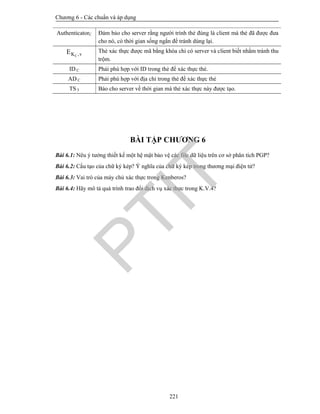Chương 6 - Các chuẩn và áp dụng
221
AuthenticatorC Đảm bảo cho server rằng người trình thẻ đúng là client mà thẻ đã được đưa
cho nó, có thời gian sống ngắn để tránh dùng lại.
CK ,vE Thẻ xác thực được mã bằng khóa chỉ có server và client biết nhằm tránh thu
trộm.
ID C Phải phù hợp với ID trong thẻ để xác thực thẻ.
AD C Phải phù hợp với địa chỉ trong thẻ để xác thực thẻ
TS 5 Báo cho server về thời gian mà thẻ xác thực này được tạo.
BÀI TẬP CHƯƠNG 6
Bài 6.1: Nêu ý tưởng thiết kế một hệ mật bảo vệ các file dữ liệu trên cơ sở phân tích PGP?
Bài 6.2: Cấu tạo của chữ ký kép? Ý nghĩa của chữ ký kép trong thương mại điện tử?
Bài 6.3: Vai trò của máy chủ xác thực trong Kenberos?
Bài 6.4: Hãy mô tả quá trình trao đổi dịch vụ xác thực trong K.V.4?
PTIT
 