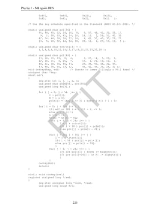 Phụ lục 1 - Mã nguồn DES
223
0x80L, 0x40L, 0x20L, 0x10L,
0x8L, 0x4L, 0x2L, 0x1L };
/* Use the key schedule specified in the Standard (ANSI X3.92-1981). */
static unsigned char pc1[56] = {
56, 48, 40, 32, 24, 16, 8, 0, 57, 49, 41, 33, 25, 17,
9, 1, 58, 50, 42, 34, 26, 18, 10, 2, 59, 51, 43, 35,
62, 54, 46, 38, 30, 22, 14, 6, 61, 53, 45, 37, 29, 21,
13, 5, 60, 52, 44, 36, 28, 20, 12, 4, 27, 19, 11, 3 };
static unsigned char totrot[16] = {
1,2,4,6,8,10,12,14,15,17,19,21,23,25,27,28 };
static unsigned char pc2[48] = {
13, 16, 10, 23, 0, 4, 2, 27, 14, 5, 20, 9,
22, 18, 11, 3, 25, 7, 15, 6, 26, 19, 12, 1,
40, 51, 30, 36, 46, 54, 29, 39, 50, 44, 32, 47,
43, 48, 38, 55, 33, 52, 45, 41, 49, 35, 28, 31 };
void deskey(key, edf) /* Thanks to James Gillogly & Phil Karn! */
unsigned char *key;
short edf;
{
register int i, j, l, m, n;
unsigned char pc1m[56], pcr[56];
unsigned long kn[32];
for ( j = 0; j < 56; j++ ) {
l = pc1[j];
m = l & 07;
pc1m[j] = (key[l >> 3] & bytebit[m]) ? 1 : 0;
}
for( i = 0; i < 16; i++ ) {
if( edf == DE1 ) m = (15 - i) << 1;
else m = i << 1;
n = m + 1;
kn[m] = kn[n] = 0L;
for( j = 0; j < 28; j++ ) {
l = j + totrot[i];
if( l < 28 ) pcr[j] = pc1m[l];
else pcr[j] = pc1m[l - 28];
}
for( j = 28; j < 56; j++ ) {
l = j + totrot[i];
if( l < 56 ) pcr[j] = pc1m[l];
else pcr[j] = pc1m[l - 28];
}
for( j = 0; j < 24; j++ ) {
if( pcr[pc2[j]] ) kn[m] |= bigbyte[j];
if( pcr[pc2[j+24]] ) kn[n] |= bigbyte[j];
}
}
cookey(kn);
return;
}
static void cookey(raw1)
register unsigned long *raw1;
{
register unsigned long *cook, *raw0;
unsigned long dough[32];
PTIT
 