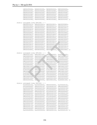 Phụ lục 1 - Mã nguồn DES
226
0#00020000L, 0#08020200L, 0#08000200L, 0#00000000L,
0#00000200L, 0#00020008L, 0#08020208L, 0#08000200L,
0#08000008L, 0#00000200L, 0#00000000L, 0#08020008L,
0#08000208L, 0#00020000L, 0#08000000L, 0#08020208L,
0#00000008L, 0#00020208L, 0#00020200L, 0#08000008L,
0#08020000L, 0#08000208L, 0#00000208L, 0#08020000L,
0#00020208L, 0#00000008L, 0#08020008L, 0#00020200L };
static unsigned long SP4[64] = {
0#00802001L, 0#00002081L, 0#00002081L, 0#00000080L,
0#00802080L, 0#00800081L, 0#00800001L, 0#00002001L,
0#00000000L, 0#00802000L, 0#00802000L, 0#00802081L,
0#00000081L, 0#00000000L, 0#00800080L, 0#00800001L,
0#00000001L, 0#00002000L, 0#00800000L, 0#00802001L,
0#00000080L, 0#00800000L, 0#00002001L, 0#00002080L,
0#00800081L, 0#00000001L, 0#00002080L, 0#00800080L,
0#00002000L, 0#00802080L, 0#00802081L, 0#00000081L,
0#00800080L, 0#00800001L, 0#00802000L, 0#00802081L,
0#00000081L, 0#00000000L, 0#00000000L, 0#00802000L,
0#00002080L, 0#00800080L, 0#00800081L, 0#00000001L,
0#00802001L, 0#00002081L, 0#00002081L, 0#00000080L,
0#00802081L, 0#00000081L, 0#00000001L, 0#00002000L,
0#00800001L, 0#00002001L, 0#00802080L, 0#00800081L,
0#00002001L, 0#00002080L, 0#00800000L, 0#00802001L,
0#00000080L, 0#00800000L, 0#00002000L, 0#00802080L };
static unsigned long SP5[64] = {
0#00000100L, 0#02080100L, 0#02080000L, 0x42000100L,
0#00080000L, 0#00000100L, 0x40000000L, 0#02080000L,
0x40080100L, 0#00080000L, 0#02000100L, 0x40080100L,
0x42000100L, 0x42080000L, 0#00080100L, 0x40000000L,
0#02000000L, 0x40080000L, 0x40080000L, 0#00000000L,
0x40000100L, 0x42080100L, 0x42080100L, 0#02000100L,
0x42080000L, 0x40000100L, 0#00000000L, 0x42000000L,
0#02080100L, 0#02000000L, 0x42000000L, 0#00080100L,
0#00080000L, 0x42000100L, 0#00000100L, 0#02000000L,
0x40000000L, 0#02080000L, 0x42000100L, 0x40080100L,
0#02000100L, 0x40000000L, 0x42080000L, 0#02080100L,
0x40080100L, 0#00000100L, 0#02000000L, 0x42080000L,
0x42080100L, 0#00080100L, 0x42000000L, 0x42080100L,
0#02080000L, 0#00000000L, 0x40080000L, 0x42000000L,
0#00080100L, 0#02000100L, 0x40000100L, 0#00080000L,
0#00000000L, 0x40080000L, 0#02080100L, 0x40000100L };
static unsigned long SP6[64] = {
0x20000010L, 0x20400000L, 0#00004000L, 0x20404010L,
0x20400000L, 0#00000010L, 0x20404010L, 0#00400000L,
0x20004000L, 0#00404010L, 0#00400000L, 0x20000010L,
0#00400010L, 0x20004000L, 0x20000000L, 0#00004010L,
0#00000000L, 0#00400010L, 0x20004010L, 0#00004000L,
0#00404000L, 0x20004010L, 0#00000010L, 0x20400010L,
0x20400010L, 0#00000000L, 0#00404010L, 0x20404000L,
0#00004010L, 0#00404000L, 0x20404000L, 0x20000000L,
0x20004000L, 0#00000010L, 0x20400010L, 0#00404000L,
0x20404010L, 0#00400000L, 0#00004010L, 0x20000010L,
0#00400000L, 0x20004000L, 0x20000000L, 0#00004010L,
0x20000010L, 0x20404010L, 0#00404000L, 0x20400000L,
0#00404010L, 0x20404000L, 0#00000000L, 0x20400010L,
0#00000010L, 0#00004000L, 0x20400000L, 0#00404010L,
0#00004000L, 0#00400010L, 0x20004010L, 0#00000000L,
0x20404000L, 0x20000000L, 0#00400010L, 0x20004010L };
PTIT
 