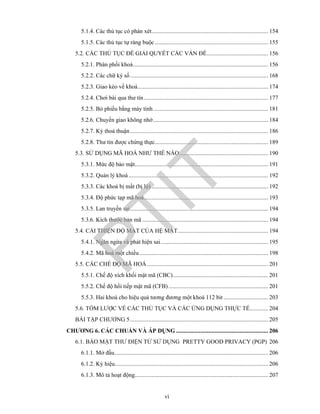 vi
5.1.4. Các thủ tục có phán xét............................................................................ 154
5.1.5. Các thủ tục tự ràng buộc.......................................................................... 155
5.2. CÁC THỦ TỤC ĐỂ GIẢI QUYẾT CÁC VẤN ĐỀ........................................ 156
5.2.1. Phân phối khoá........................................................................................ 156
5.2.2. Các chữ ký số.......................................................................................... 168
5.2.3. Giao kèo về khoá..................................................................................... 174
5.2.4. Chơi bài qua thư tín................................................................................. 177
5.2.5. Bỏ phiếu bằng máy tính........................................................................... 181
5.2.6. Chuyển giao không nhớ........................................................................... 184
5.2.7. Ký thoả thuận.......................................................................................... 186
5.2.8. Thư tín được chứng thực.......................................................................... 189
5.3. SỬ DỤNG MÃ HOÁ NHƯ THẾ NÀO.......................................................... 190
5.3.1. Mức độ bảo mật....................................................................................... 191
5.3.2. Quản lý khoá ........................................................................................... 192
5.3.3. Các khoá bị mất (bị lộ) ............................................................................ 192
5.3.4. Độ phức tạp mã hoá................................................................................. 193
5.3.5. Lan truyền sai.......................................................................................... 194
5.3.6. Kích thước bản mã .................................................................................. 194
5.4. CẢI THIỆN ĐỘ MẬT CỦA HỆ MẬT........................................................... 194
5.4.1. Ngăn ngừa và phát hiện sai...................................................................... 195
5.4.2. Mã hoá một chiều.................................................................................... 198
5.5. CÁC CHẾ ĐỘ MÃ HOÁ............................................................................... 201
5.5.1. Chế độ xích khối mật mã (CBC).............................................................. 201
5.5.2. Chế độ hồi tiếp mật mã (CFB)................................................................. 201
5.5.3. Hai khoá cho hiệu quả tương đương một khoá 112 bit ............................. 203
5.6. TÓM LƯỢC VỀ CÁC THỦ TỤC VÀ CÁC ỨNG DỤNG THỰC TẾ............ 204
BÀI TẬP CHƯƠNG 5.......................................................................................... 205
CHƯƠNG 6. CÁC CHUẨN VÀ ÁP DỤNG ............................................................ 206
6.1. BẢO MẬT THƯ ĐIỆN TỬ SỬ DỤNG PRETTY GOOD PRIVACY (PGP) 206
6.1.1. Mở đầu.................................................................................................... 206
6.1.2. Ký hiệu.................................................................................................... 206
6.1.3. Mô tả hoạt động....................................................................................... 207
PTIT
 