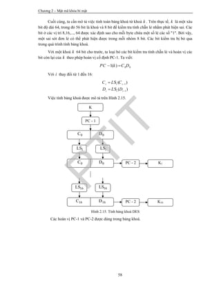 Chương 2 – Mật mã khóa bí mật
58
Cuối cùng, ta cần mô tả việc tính toán bảng khoá từ khoá k . Trên thực tế, k là một xâu
bit độ dài 64, trong đó 56 bit là khoá và 8 bit để kiểm tra tính chẵn lẻ nhằm phát hiện sai. Các
bit ở các vị trí 8,16,..., 64 được xác định sao cho mỗi byte chứa một số lẻ các số "1". Bởi vậy,
một sai sót đơn lẻ có thể phát hiện được trong mỗi nhóm 8 bit. Các bit kiểm tra bị bỏ qua
trong quá trình tính bảng khoá.
Với một khoá k 64 bit cho trước, ta loại bỏ các bit kiểm tra tính chẵn lẻ và hoán vị các
bit còn lại của k theo phép hoán vị cố định PC-1. Ta viết:
0 01( )PC k C D 
Với i thay đổi từ 1 đến 16:
1
1
( )
( )
S
S
i i i
i i i
C L C
D L D




Việc tính bảng khoá được mô tả trên Hình 2.15.
Hình 2.15. Tính bảng khoá DES
Các hoán vị PC-1 và PC-2 được dùng trong bảng khoá.
K
0C 0D
1LS
0C 0D PC - 2
PC - 1
K1
16LS 16LS
16C 16D PC - 2 K16
1LS
PTIT
 