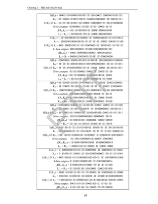 Chương 2 – Mật mã khóa bí mật
63
E(R5) = 110001010100001001011111110100001100000110101111
K6 = 011000111010010100111110010100000111101100101111
E(R5)  K6 =101001101110011101100001100000001011101010000000
S-box outputs 01000001111100110100110000111101
f(R5,K6) = 10011110010001011100110100101100
L7 = R6 = 11101001011001111100110101101001
E(R6) = 111101010010101100001111111001011010101101010011
K7 = 111011001000010010110111111101100001100010111100
E(R6)  K7 = 000110011010111110111000000100111011001111101111
S- box outputs 00010000011101010100000010101101
f(R6,K7) = 10001100000001010001110000100111
L8 = R7 = 00000110010010101011101000010000
E(R7) = 000000001100001001010101010111110100000010100000
K8 = 111101111000101000111010110000010011101111111011
E(R7)  K8 = 111101110100100001101111100111100111101101011011
S-box outputs 01101100000110000111110010101110
f(R7,K8) = 00111100000011101000011011111001
L9 = R8 = 11010101011010010100101110010000
E(R8) = 011010101010101101010010101001010111110010100001
K9 = 111000001101101111101011111011011110011110000001
E(R8)  K9 = 100010100111000010111001010010001001101100100000
S-box outputs 00010001000011000101011101110111
f(R8,K9) = 00100010001101100111110001101010
L10 = R9 = 00100100011111001100011001111010
E(R9) = 000100001000001111111001011000001100001111110100
K10 = 101100011111001101000111101110100100011001001111
E(R9)  K10 = 101000010111000010111110110110101000010110111011
S-box outputs 11011010000001000101001001110101
f(R9,K10) = 01100010101111001001110000100010
L11 = R10 = 10110111110101011101011110110010
E(R10) = 010110101111111010101011111010101111110110100101
K11 = 001000010101111111010011110111101101001110000110
E(R10)  K11 = 011110111010000101111000001101000010111000100011
S-box outputs 01110011000001011101000100000001
f(R10,K11) = 11100001000001001111101000000010
L12 = R11 = 11000101011110000011110001111000
E(R11) = 011000001010101111110000000111111000001111110001
K12 = 011101010111000111110101100101000110011111101001
E(R11)  K12 = 000101011101101000000101100010111110010000011000
S-box outputs 01110011000001011101000100000001
f(R11,K12) = 11000010011010001100111111101010
L13 = R12 = 01110101101111010001100001011000
E(R12) = 001110101011110111111010100011110000001011110000
K13 = 100101111100010111010001111110101011101001000001
E(R12)  K13 = 101011010111100000101011011101011011100010110001
Sbox outputs 10011010110100011000101101001111
f(R12,K13) = 11011101101110110010100100100010
PTIT
 