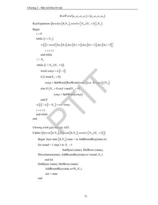 Chương 2 – Mật mã khóa bí mật
71
   0 1 2 3 1 2 3 0, , , , , ,RotW ord a a a a a a a a
KeyExpansion     * *4 , 1 ,k b r kbytekey N word w N N N  
Begin
0i 
while  ki N
         * * * *4 , 4 1 , 4 2 , 4 3w i word key i key i key i key i     
1i i 
end while
ki N
while   * 1b ri N N 
word  1temp w i 
if  mod 0ki N 
    SubWord RotWord ktemp temp xor Rconw i N
else if  8 mod 4k kN and i N 
 SubWordtemp temp
end if
   kw i w i N xor temp 
1i i 
end while
end
Chương trình giải mã của AES
Cipher       * * *4 , 4 , 1b b b rbytein N byteout N word w N N   
Begin byte state  4, bN state = in AddRoundKey(state,w)
for round = 1 step 1 to 1rN 
SubBytes (state), ShifRows (state),
Mixcolumns(state), AddRoundKey(state,w+round* bN )
end for
SubBytes (state), ShifRows (state)
*rAddRoundKey(state,w+N )bN
out = state
end
PTIT
 