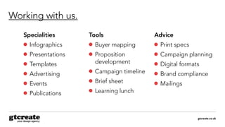 gtcreate.co.uk
Working with us.
Specialities
	Infographics
	Presentations
	Templates
	Advertising
	Events
	Publications
Tools
	Buyer mapping
	Proposition
development
	Campaign timeline
	 Brief sheet
	Learning lunch
Advice
	Print specs
	Campaign planning
	Digital formats
	Brand compliance
	Mailings
 