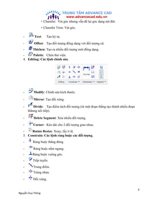 6
Nguyễn Duy Thông
+ Chamfer: Vát góc nhưng vẫn để lại góc dạng nét đứt.
+ Chamfer Trim: Vát góc.
- Text: Tạo ký tự.
- Off...