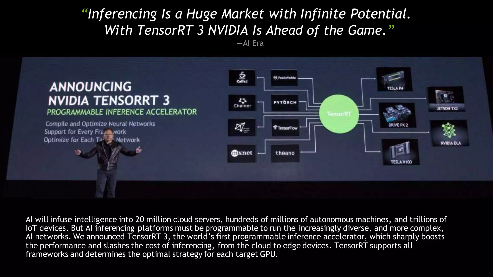 “Inferencing Is a Huge Market with Infinite Potential.
With TensorRT 3 NVIDIA Is Ahead of the Game.”
—AI Era
AI will infuse intelligence into 20 million cloud servers, hundreds of millions of autonomous machines, and trillions of
IoT devices. But AI inferencing platforms must be programmable to run the increasingly diverse, and more complex,
AI networks. We announced TensorRT 3, the world’s first programmable inference accelerator, which sharply boosts
the performance and slashes the cost of inferencing, from the cloud to edge devices. TensorRT supports all
frameworks and determines the optimal strategy for each target GPU.
 