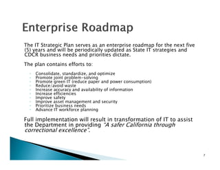 The IT Strategic Plan serves as an enterprise roadmap for the next five
(5) years and will be periodically updated as State IT strategies and
CDCR business needs and priorities dictate.
       b i          d     d i i i di
The plan contains efforts to:
  ◦   Consolidate, standardize,
      Consolidate standardize and optimize
  ◦   Promote joint problem-solving
  ◦   Promote green IT (reduce paper and power consumption)
  ◦   Reduce/avoid waste
  ◦   Increase accuracy and availability of information
  ◦   Increase efficiencies
  ◦   Improve safety
  ◦   Improve asset management and security
  ◦   Prioritize business needs
  ◦   Advance IT workforce planning

  ll    l             ll     l          f          f
Full implementation will result in transformation of IT to assist
the Department in providing “A safer California through
correctional excellence”.



                                                                          7
 