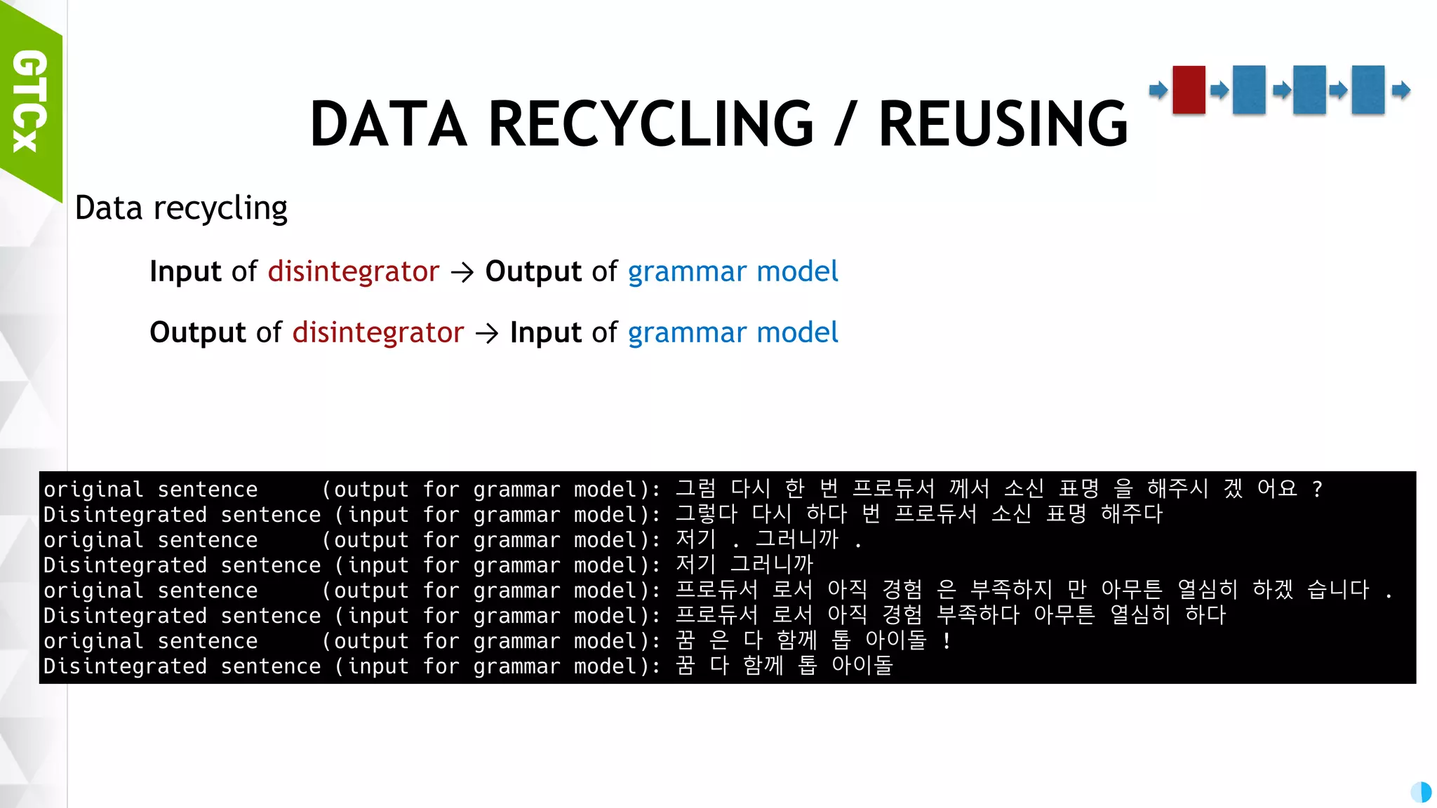 44 DISINTEGRATOR def get_training_data_by_disintegration(sentence): disintegrated_sentence = konlpy.tag.Twitter().pos(sentence, norm=True, stem=True) original_sentence = konlpy.tag.Twitter().pos(sentence) inputData = [] outputData = [] is_asking = False for w, t in disintegrated_sentence: if t not in ['Eomi', 'Josa', 'Number', 'KoreanParticle', 'Punctuation']: inputData.append(w+’/’+t) for w, t in original_sentence: if t not in ['Number', 'Punctuation']: outputData.append(w) if original_sentence[-1][1] == 'Punctuation' and original_sentence[-1][0] == "?": if len(inputData) != 0 and len(outputData) != 0: is_asking = True # To extract ask-response raw data return ' '.join(inputData), ' '.join(outputData), is_asking get_graining_data_by_disintegration 