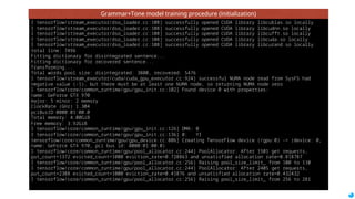 73
Extract Conversations
Conversation data
for sequence-to-sequence
Bot model
Reformat
merge
sliced captions
into one line
if last_sentence [-1] == '?':
conversation.add((
last_sentence,
current_sentence))
Remove
Too short sentences
Duplicates
Sentence data
for
disintegrator
grammar model
tone model
Train
disintegrator
integrator with
grammar model
tone model
Train
bot model
subtitle_converter.py
pandas
pandas
 