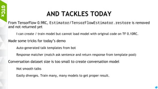 I tensorflow/stream_executor/dso_loader.cc:108] successfully opened CUDA library libcublas.so locally
I tensorflow/stream_executor/dso_loader.cc:108] successfully opened CUDA library libcudnn.so locally
I tensorflow/stream_executor/dso_loader.cc:108] successfully opened CUDA library libcufft.so locally
I tensorflow/stream_executor/dso_loader.cc:108] successfully opened CUDA library libcuda.so locally
I tensorflow/stream_executor/dso_loader.cc:108] successfully opened CUDA library libcurand.so locally
total line: 7496
Fitting dictionary for disintegrated sentence...
Fitting dictionary for recovered sentence...
Transforming...
Total words pool size: disintegrated: 3800, recovered: 5476
I tensorflow/stream_executor/cuda/cuda_gpu_executor.cc:924] successful NUMA node read from SysFS had
negative value (-1), but there must be at least one NUMA node, so returning NUMA node zero
I tensorflow/core/common_runtime/gpu/gpu_init.cc:102] Found device 0 with properties:
name: GeForce GTX 970
major: 5 minor: 2 memory
ClockRate (GHz) 1.304
pciBusID 0000:01:00.0
Total memory: 4.00GiB
Free memory: 3.92GiB
I tensorflow/core/common_runtime/gpu/gpu_init.cc:126] DMA: 0
I tensorflow/core/common_runtime/gpu/gpu_init.cc:136] 0: YI
tensorflow/core/common_runtime/gpu/gpu_device.cc:806] Creating TensorFlow device (/gpu:0) -> (device: 0,
name: GeForce GTX 970, pci bus id: 0000:01:00.0)
I tensorflow/core/common_runtime/gpu/pool_allocator.cc:244] PoolAllocator: After 1501 get requests,
put_count=1372 evicted_count=1000 eviction_rate=0.728863 and unsatisfied allocation rate=0.818787
I tensorflow/core/common_runtime/gpu/pool_allocator.cc:256] Raising pool_size_limit_ from 100 to 110
I tensorflow/core/common_runtime/gpu/pool_allocator.cc:244] PoolAllocator: After 2405 get requests,
put_count=2388 evicted_count=1000 eviction_rate=0.41876 and unsatisfied allocation rate=0.432432
I tensorflow/core/common_runtime/gpu/pool_allocator.cc:256] Raising pool_size_limit_ from 256 to 281
Grammar+Tone model training procedure (initialization)
 