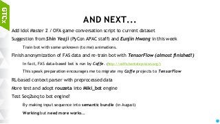 95
AND NEXT...
Add Idol Master 2 / OFA game conversation script to current dataset
Suggestion from Shin Yeaji (PyCon APAC staff) and Eunjin Hwang in this week
Train bot with some unknown (to me) animations.
Finish anonymization of FAS data and re-train bot with TensorFlow (almost finished!)
In fact, FAS data-based bot is run by Caffe. (http://caffe.berkeleyvision.org/)
This speak preparation encourages me to migrate my Caffe projects to TensorFlow
RL-based context parser with preprocessed data
More test and adopt rouzeta into Miki_bot engine
Test Seq2seq to bot engine?
By making input sequence into semantic bundle (in August)
Working but need more works…
 