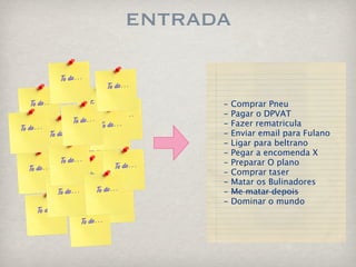 entrada


      -   Comprar Pneu
      -   Pagar o DPVAT
      -   Fazer rematricula
      -   Enviar email para Fulano
      -   Ligar para beltrano
      -   Pegar a encomenda X
      -   Preparar O plano
      -   Comprar taser
      -   Matar os Bulinadores
      -   Me matar depois
      -   Dominar o mundo
 