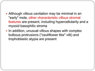  Although villous cavitation may be minimal in an
  "early" mole, other characteristic villous stromal
  features are present, including hypercellularity and a
  myxoid basophilic stroma
 In addition, unusual villous shapes with complex
  bulbous protrusions ("cauliflower like" villi) and
  trophoblastic atypia are present
 