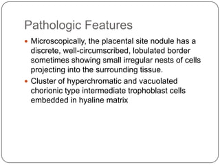 Pathologic Features
 Microscopically, the placental site nodule has a
  discrete, well-circumscribed, lobulated border
  sometimes showing small irregular nests of cells
  projecting into the surrounding tissue.
 Cluster of hyperchromatic and vacuolated
  chorionic type intermediate trophoblast cells
  embedded in hyaline matrix
 