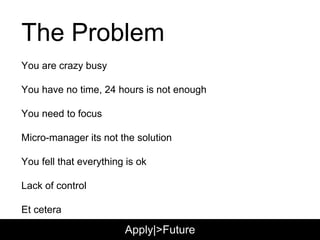 The Problem
You are crazy busy
You have no time, 24 hours is not enough
You need to focus
Micro-manager its not the solution
You fell that everything is ok
Lack of control
Et cetera
Apply|>Future
 