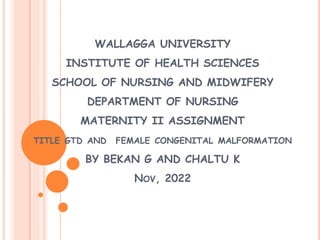 WALLAGGA UNIVERSITY
INSTITUTE OF HEALTH SCIENCES
SCHOOL OF NURSING AND MIDWIFERY
DEPARTMENT OF NURSING
MATERNITY II ASSIGNMENT
TITLE GTD AND FEMALE CONGENITAL MALFORMATION
BY BEKAN G AND CHALTU K
NOV, 2022
 
