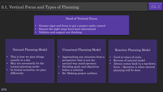 Ch. 33.1. Vertical Focus and Types of Planning
GTD
Need of Vertical Focus
• Greater rigor and focus to get a project under control
• Ensure the right steps have been determined
• Validate and support our thinking
Natural Planning Model
• This is how we plan things
usually in a day
• May not necessarily be the
normal planning mode;
• In formal scenarios, we plan
differently
Reactive Planning Model
• Used in times of crisis
• Reverse of natural model
• Always comes back to a top-down
focus – Question is when natural
planning will be done
Unnatural Planning Model
• Approaching any situation from a
perspective that is not the
natural way mind operates
• Deciding goals and objectives
before a solution
• Ex: Making project outlines
 