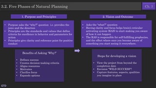 • Purpose asks the “why?” question i.e. provides the
juice and the direction
• Principles are the standards and values that define
criteria for excellence in behavior and parameters for
action
• Principles give clarity and reference point for positive
conduct
GTD
3.2. Five Phases of Natural Planning
Benefits of Asking ‘Why?’
• Defines success
• Creates decision-making criteria
• Aligns resources
• Motivates
• Clarifies focus
• Expands options
1. Purpose and Principles 2. Vision and Outcome
• Asks the “what?” question
• Having clarity and focus helps brain’s reticular
activating system (RAS) to start making you aware
of how it can happen
• The RAS is responsible for self-fulfilling prophecies,
and the effect where once you become aware of
something you start seeing it everywhere.
Steps for developing a vision
• View the project from beyond the
completion date
• Envision "WILD SUCCESS"!
• Capture features, aspects, qualities
you imagine in place
Ch. 3
 
