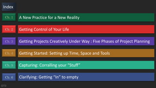 A New Practice for a New Reality
GTD
Getting Control of Your Life
Getting Projects Creatively Under Way : Five Phases of Project Planning
Getting Started: Setting up Time, Space and Tools
Capturing: Corralling your “Stuff”
Clarifying: Getting “In” to empty
Ch. 1
Ch. 2
Ch. 3
Ch. 4
Ch. 5
Ch. 6
Index
 