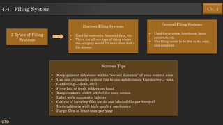 4.4. Filing System
GTD
Ch. 4
Discreet Filing Systems
• Used for contracts, financial data, etc.
• These are all one type of thing where
the category would fill more than half a
file drawer
General Filing Systems
• Used for or notes, brochures, faxes,
printouts, etc.
• The filing needs to be fun to do, easy,
and complete
2 Types of Filing
Systems
Success Tips
• Keep general reference within “swivel distance” of your control area
• Use one alphabetic system (up to one subdivision: Gardening— pots,
Gardening—ideas, etc.)
• Have lots of fresh folders on hand
• Keep drawers under 3⁄4 full for easy access
• Label with automatic labeler
• Get rid of hanging files (or do one labeled file per hanger)
• Have cabinets with high-quality mechanics
• Purge files at least once per year
 