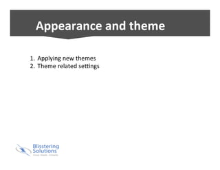 Appearance 
and 
theme 
1. Applying 
new 
themes 
2. Theme 
related 
seRngs 
 