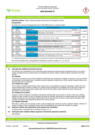 DENI-RELEASE GT
Ficha de dados de segurança
conforme 1907/2006/EC (REACH), 2015/830/UE
SECÇÃO 3: COMPOSIÇÃO/INFORMAÇÃO SOBRE OS COMPONENTES (continuação)
Descrição química: Mistura à base de produtos químicos para a formulação de aromas
Componentes:
De acordo com o Anexo II do Regulamento (EC) nº1907/2006 (ponto 3), o produto contém:
Identificação Nome químico/classificação Concentração
ATP CLP00dipenteno⁽¹⁽
Regulamento 1272/2008
Aquatic Acute 1: H400; Aquatic Chronic 1: H410; Flam. Liq. 3: H226; Skin Irrit. 2:
H315; Skin Sens. 1: H317 - Atenção
1 - <2,5 %
Auto-classificadaHidroxicitronelal⁽¹⁽
Regulamento 1272/2008 Eye Irrit. 2: H319; Skin Sens. 1B: H317 - Atenção
<1 %
Auto-classificada1-(5,6,7,8-tetrahidro-3,5,5,6,8,8-hexametil-2-naftil)etan-1-ona⁽¹⁽
Regulamento 1272/2008 Acute Tox. 4: H302; Aquatic Acute 1: H400; Aquatic Chronic 1: H410 - Atenção
<1 %
Auto-classificada1-(1,2,3,4,5,6,7,8-octahidro-2,3,8,8-tetrametil-2-naftil)etan-1-ona⁽¹⁽
Regulamento 1272/2008
Aquatic Acute 1: H400; Aquatic Chronic 1: H410; Skin Irrit. 2: H315; Skin Sens. 1B:
H317 - Atenção
<1 %
Auto-classificadaPin-2(10)-eno⁽¹⁽
Regulamento 1272/2008
Aquatic Acute 1: H400; Aquatic Chronic 1: H410; Asp. Tox. 1: H304; Flam. Liq.
3: H226; Skin Irrit. 2: H315; Skin Sens. 1B: H317 - Perigo
<1 %
⁽¹⁽ Substância que apresentam um risco para a saúde ou para o meio ambiente e que atendem aos critérios estabelecidos pelo Regulamento (UE) n.º 2015/830
Para mais informações sobre a perigosidade da substâncias, consultar as seções 8, 11, 12, 15 e 16.
SECÇÃO 4: MEDIDAS DE PRIMEIROS SOCORROS
4.1 Descrição das medidas de primeiros socorros:
Os sintomas como consequência de uma intoxicação podem apresentar-se posteriormente à exposição, pelo que, em caso de
dúvida, exposição directa ao produto químico ou persistência do sintoma, solicitar cuidados médicos, mostrando a FDS deste
produto.
Por inalação:
Trata-se de um produto que não contém substâncias classificadas como perigosas por inalação, no entanto, no caso de sintomas
de intoxicação é recomendado retirar o afectado do local de exposição e proporcionar ar fresco. Solicitar cuidados médicos se os
sintomas agravarem ou persistirem
Por contacto com a pele:
Tirar a roupa e os sapatos contaminados, limpar a pele ou lavar a zona afectada com água fria abundante e sabão neutro. Em
caso de afecção grave consultar um médico. Se o produto causar queimaduras ou congelação, não se deve tirar a roupa pois
poderá agravar a lesão se esta estiver colada à pele. Caso se formem bolhas na pele, estás não se devem rebentar pois
aumentaria o risco de infecção.
Por contacto com os olhos:
Enxaguar os olhos com água em abundância à temperatura ambiente pelo menos durante 15 minutos. Evitar que o afectado
esfregue ou feche os olhos. No caso, do afectado usar lentes de contacto, estas devem ser retiradas sempre que não estejam
coladas aos olhos, pois, de outro modo, poderia produzir-se um dano adicional. Em todos os casos, depois da lavagem, deve
consultar um médico o mais rapidamente possível com a FDS do produto.
Por ingestão/aspiração:
Não induzir o vómito, caso isto aconteça, manter a cabeça inclinada para a frente para evitar a aspiração. Manter o afectado em
repouso. Enxaguar a boca e a garganta, porque existe a possibilidade de que tenham sido afectadas na ingestão.
4.2 Sintomas e efeitos mais importantes, tanto agudos como retardados:
Os efeitos agudos e retardados são os indicados nos pontos 2 e 11.
4.3 Indicações sobre cuidados médicos urgentes e tratamentos especiais necessários:
Não relevante
SECÇÃO 5: MEDIDAS DE COMBATE A INCÊNDIOS
Página 2/12Emissão: 12-02-2019 Versão: 1
- CONTINUA NA PÁGINA SEGUINTE -
Documento gerado com o CHEMETER (www.siam-it.com)
CAS:
EC:
Index:
REACH:
138-86-3
205-341-0
601-029-00-7
Não aplicável
CAS:
EC:
Index:
REACH:
107-75-5
203-518-7
Não aplicável
01-2119973482-31-XXXX
CAS:
EC:
Index:
REACH:
21145-77-7
244-240-6
Não aplicável
01-2119921100-61-XXXX
CAS:
EC:
Index:
REACH:
54464-57-2
259-174-3
Não aplicável
Não aplicável
CAS:
EC:
Index:
REACH:
127-91-3
204-872-5
Não aplicável
01-2119519230-54-XXXX
 